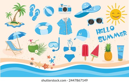 Summer vector set. Summer element collection. Summer holiday beach. Cartoon flat vector isolated on white bạckground