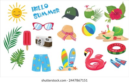 Set de Vector de verano. Colección de elementos de verano. Playa de verano. Vector plano de la historieta aislado en fondo blanco de bazuco