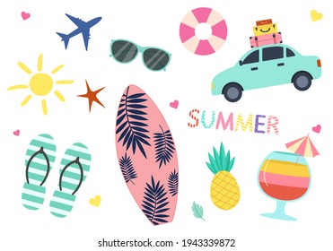 Summer vector set of elements. Isolated on a white background. Vacation icons in flat style. 