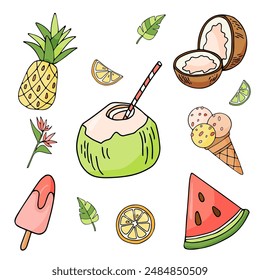 Vektorgrafik im Sommer mit Früchten. Kokos, Kokosmilch, Limette, Zitronenkeil, Ananas, Wassermelone, Blatt, Eis, Eis, Eis