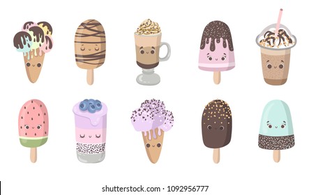 Summer vector set with funny cartoon ice cream character illustration with emotions