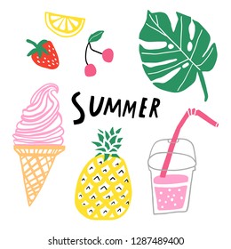 Summer vector set. Hand drawn cute doodle collection isolated