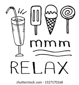 Summer vector set: ice cream, cocktail, candy. For design of patterns, backgrounds, covers, menus, coloring books on the theme of food, drinks, sweets, cafes and restaurants