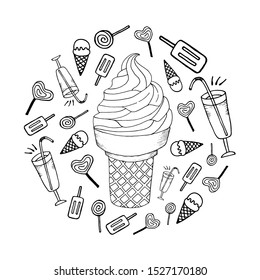Summer vector set: ice cream, cocktail, candy. For design of patterns, backgrounds, covers, menus, coloring books on the theme of food, drinks, sweets, cafes and restaurants