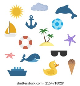 Summer vector set illustrations isolated on white background. Summer holiday symbols. Flat style