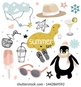 Summer vector set with penguin, stars, cloud, ice cream, hat, glasses, slippers, drinks. Kids illustration. North set. Scandinavian design.