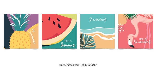 Summer Vector Set, Pineapple, Watermelon, Beach, Flamingo