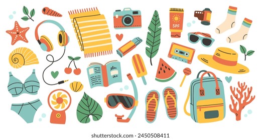 Summer vector set for sticker. Icons, signs, banners. Bright summertime poster. Collection elements for summer holiday.