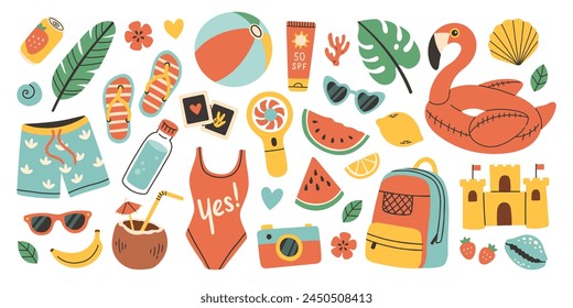 Summer vector set for sticker. Icons, signs, banners. Bright summertime poster. Collection elements for summer holiday.