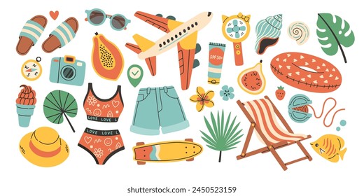 Summer vector set for sticker. Icons, signs, banners. Bright summertime poster. Collection elements for summer holiday.