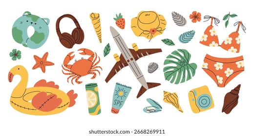 Conjunto de Vector de verano para pegatina. Iconos, signos, Anuncios. Brillante cartel de verano. Elementos de colección para vacaciones de verano.