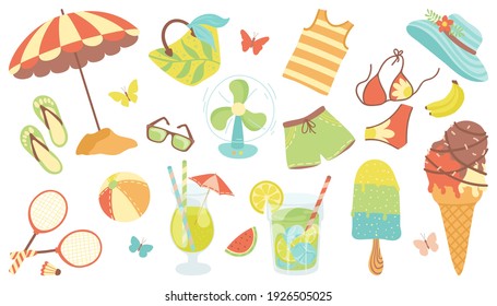 Summer vector set with with sun umbrella, cocktails, fruits and other elements