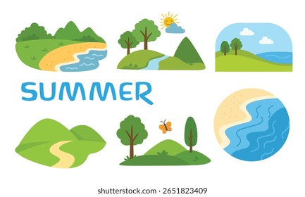 Sommervektorsatz. Sommer tropische Landschaft Clipart-Set. Verschiedene Landschaft des Sommers, Sommer Natur mit Wiese, Feld, Meer, Sand, Baum. Flacher Vektor im Cartoonstil, einzeln auf weißem Hintergrund.