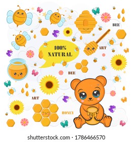 Summer vector set in which honey, bear, bee, honeycombs. The set consists of seamless patterns that can be used separately. The illustration is made in a children style, with cute characters, animals.