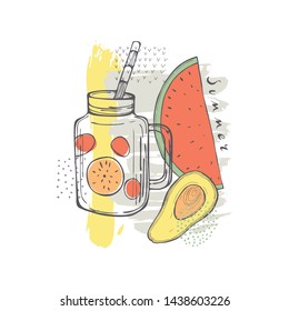 Summer vector sketch illustration with hand drawn lemonade and fruits.