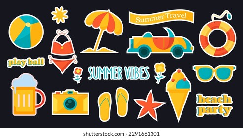 Summer vector sticker set, collection of labels with summertime leisure items and objects, decorative design elements.