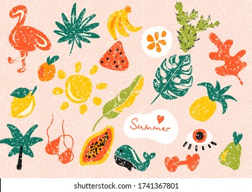 Summer vector sticker set. Fruits, leaves, nature. Vivid abstractions.