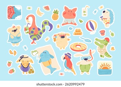 Summer vector stickers collection. Adorable animals relaxing on the beach. Cute hand drawn illustration. Rabbit, bear, pig, hedgehog, parrot, flamingo, croco, seal, cow, pineapple, strawberry.