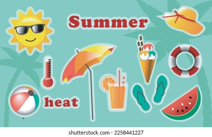 Summer vector stickers. Summer heat. Sun, beach, ice cream. Children stickers. Set of summer illustrations.