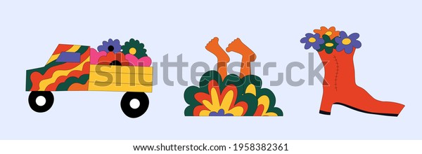 summer vector stickers in hippie style - a truck with\
flowers, legs in the bushes, boots with flowers.Retro stickers in\
the style of the 60s and 70s.Psychedelic tattoo templates.Groove\
flowers 