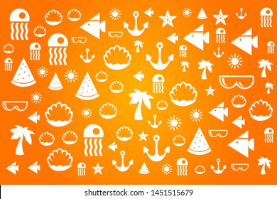 Summer vector symbols, objects and icons on orange (yellow) background. 