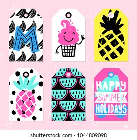 Summer vector tags collection. Colorful  hand drawn different items and fruits.
