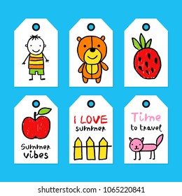 Summer vector tags collection. Colorful  hand drawn different items and lettering. Childish theme.