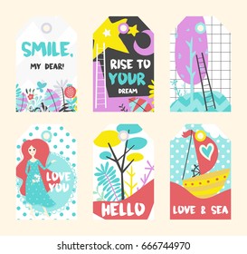 Summer vector tags collection. Colorful  hand drawn different items and lettering.