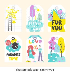 Summer vector tags collection. Colorful  hand drawn different items and lettering.