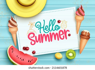 Summer vector template design. Hello summer text with tropical elements of ice cream cone, fruits and hat objects for holiday season greeting messages. Vector illustration.
