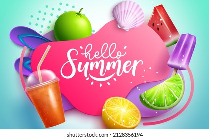 Summer vector template design. Hello summer typography text in abstract space with fruit slice and juice elements for tropical holiday messages. Vector illustration.
