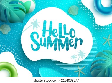 Summer vector template design. Hello summer text in abstract space with leaves, floater and water elements for relax tropical season greeting messages. Vector illustration.
