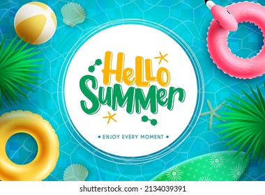 Summer vector template design. Hello summer greeting text in circle space with leaves and floaters in water background for fun and relax messages. Vector illustration.
