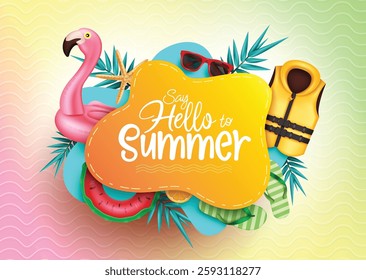 Summer vector template design. Hello summer text in foliage abstract pattern with leaves and flamingo tropical elements for sunny holiday season messages. Vector illustration.
