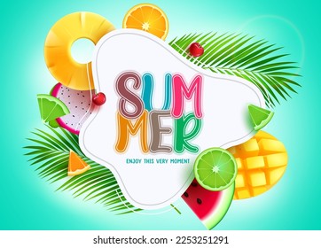 Summer vector template design. Summer text with tropical season sliced fruit elements in empty space. Vector illustration background banner. 