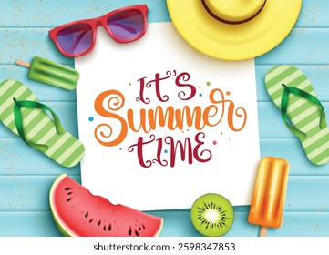 Summer vector template design. It's summer time typography text in white space with 3d tropical season objects background for holiday vacation messages decoration. Vector illustration.
