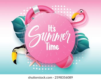 Summer vector template design. It's summer time text in pink circle space with flamingo, toucan and leaves elements for tropical season messages. Vector illustration.
