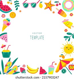 Summer vector template, frame. Summer background. Beach party items collection. 