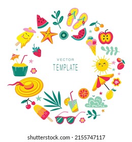 Summer vector template, frame. Beach party items collection. 