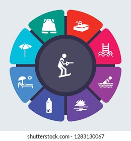 summer vector template for infographics. Business concept with 9 options, steps, parts, segments. Banner infographic cycling diagram, round chart, waterski, Swimming trunks icons