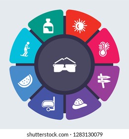 summer vector template for infographics. Business concept with 9 options, steps, parts, segments. Banner infographic cycling diagram, round chart, Sun glasses, cream, icons