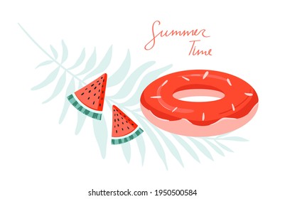 Summer vector template with inscription summer time, palm leaves, inflatable circle and pieces of watermelon. Background Illustration for poster, bunner, cards, print, bag, invitation