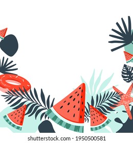 Summer vector template with watermelon and palms leaves. Background Illustration for poster, bunner, cards, print, bag, invitation
