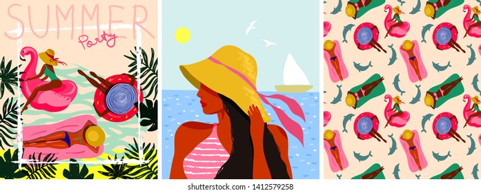 Plantillas vectoriales de verano con gente que toma el sol. Elementos de diseño.