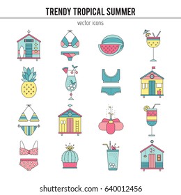 Summer vector thin line icons set. Isolated symbols. Beach huts, bikinis, cocktails, fruits. Logo templates, elements for summer products. Simple mono linear modern design.