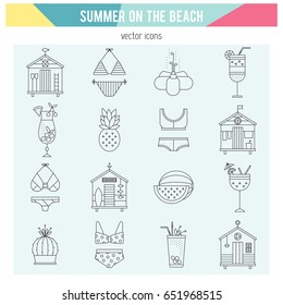 Summer vector thin line icons set. Isolated symbols. Beach huts, bikinis, cocktails, fruits. Logo templates, elements for summer products. Simple mono linear modern design.