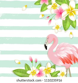 Summer vector tropical background with flowers, green leaves and pink flamingo. 