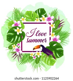 Summer vector tropical background with plumeria flowers, green leaves and toucan. 