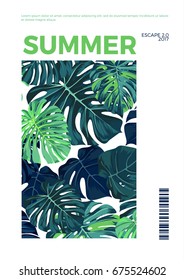 Summer vector tropical design with green monstera palm leaves. Space for text.