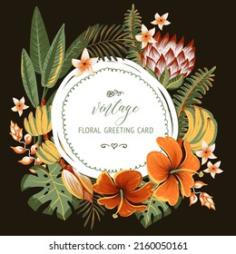 Summer vector tropical greeting card. Exotic flowers, palm trees, banana, monstera green leaves floral illustration on black